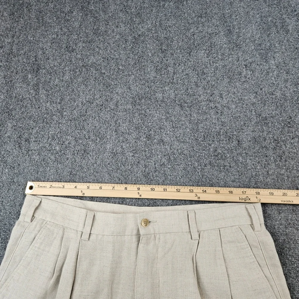 Caribbean Mens Tan Herringbone Linen Cotton Pleated Dress Pants 36x32